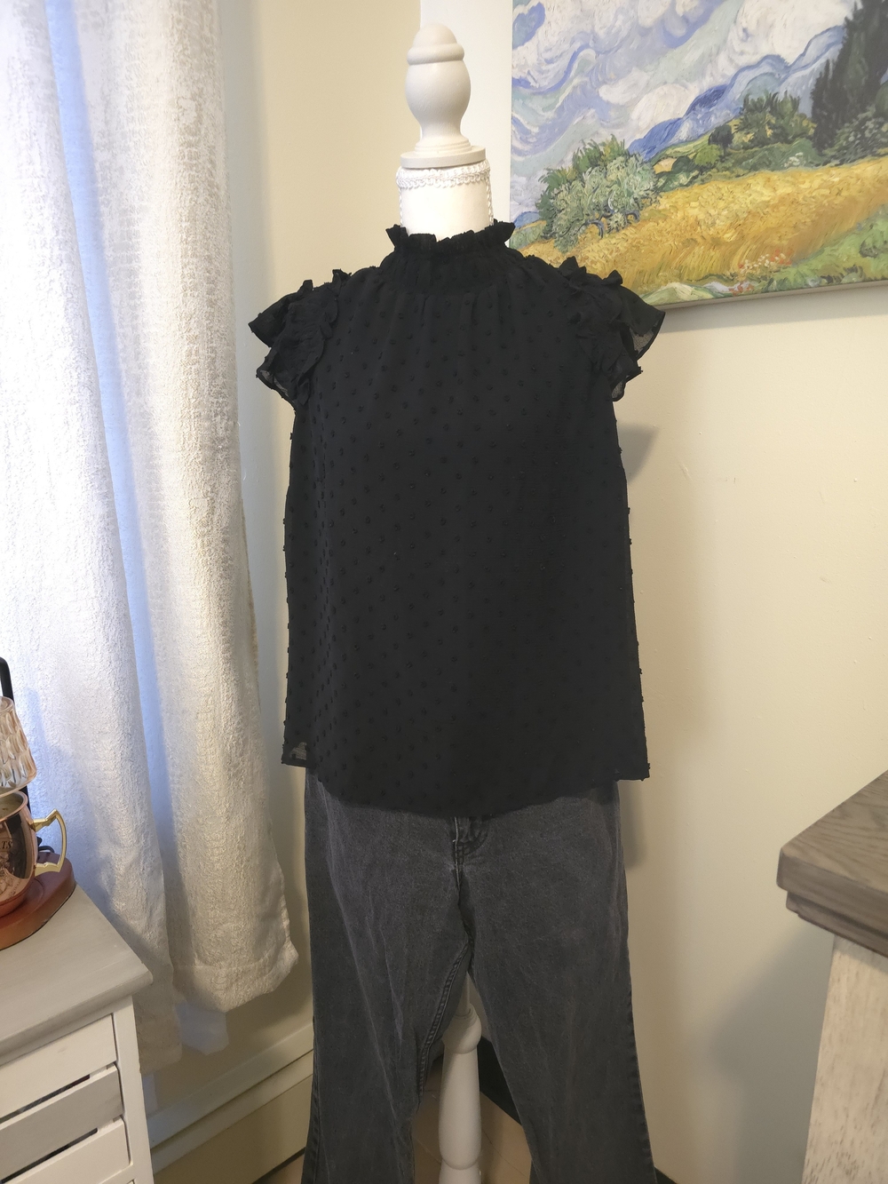 CeCe Black Swiss Dot Ruffle Sleeve Mock Neck Top